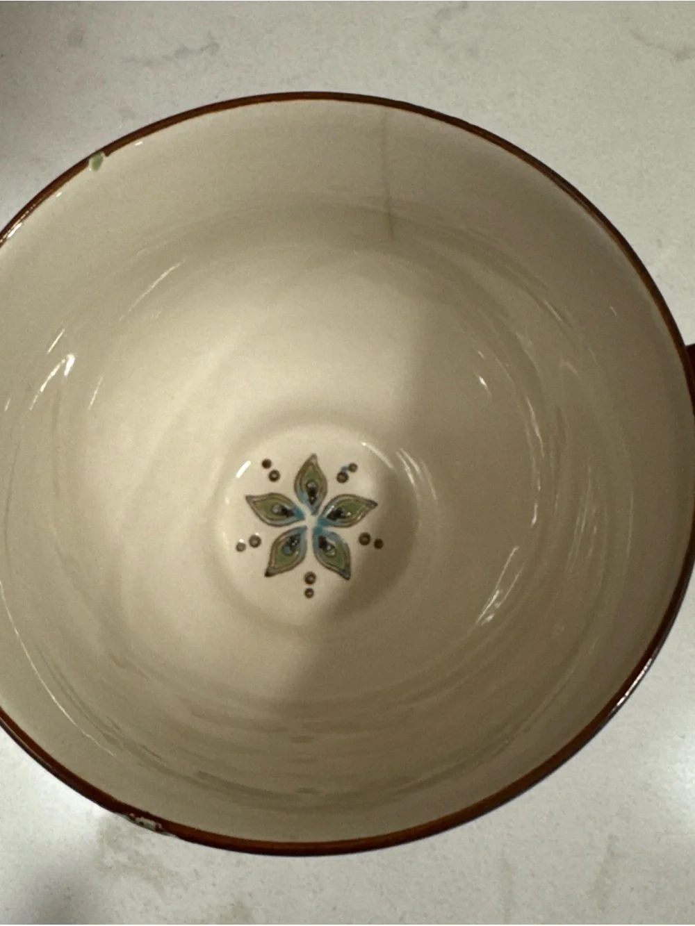 Pier 1 Turquoise Peacock Feather Ceramic Tea Cup with Brown Handle hand painted